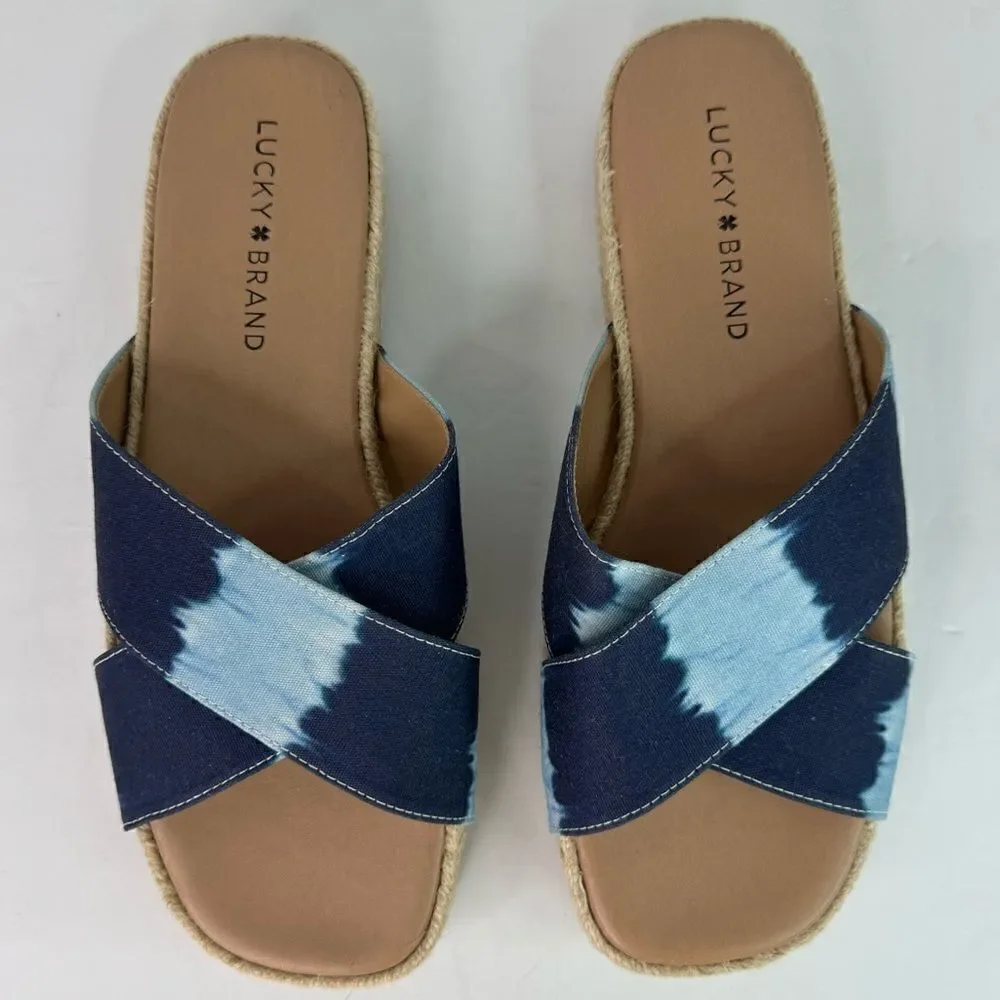 NWOB! Lucky Brand Gayte Espadrilles Slip On Denim Blue Tie Dye Sandals Sz 7.5